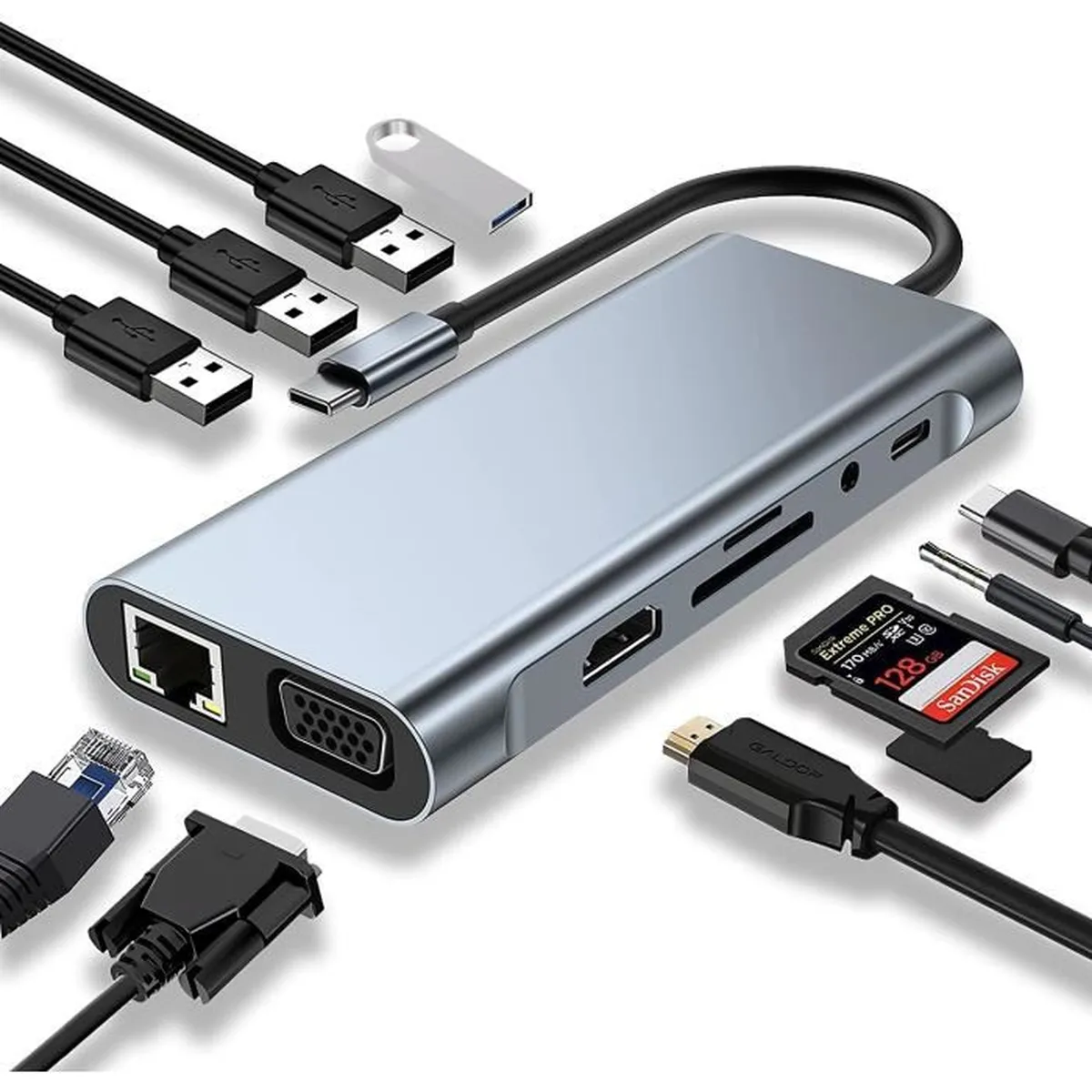 ADAPTATEUR HAYSENSER HUB TYPE C TO 11 SORTIES ( usb hdmi vga ,,,,)